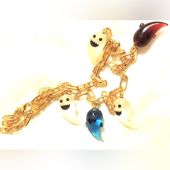 “Happy Lil Ghost” Multicolor Glass Whimsy Halloween Goth Spirit Spectre Necklace - Picture 5 of 7